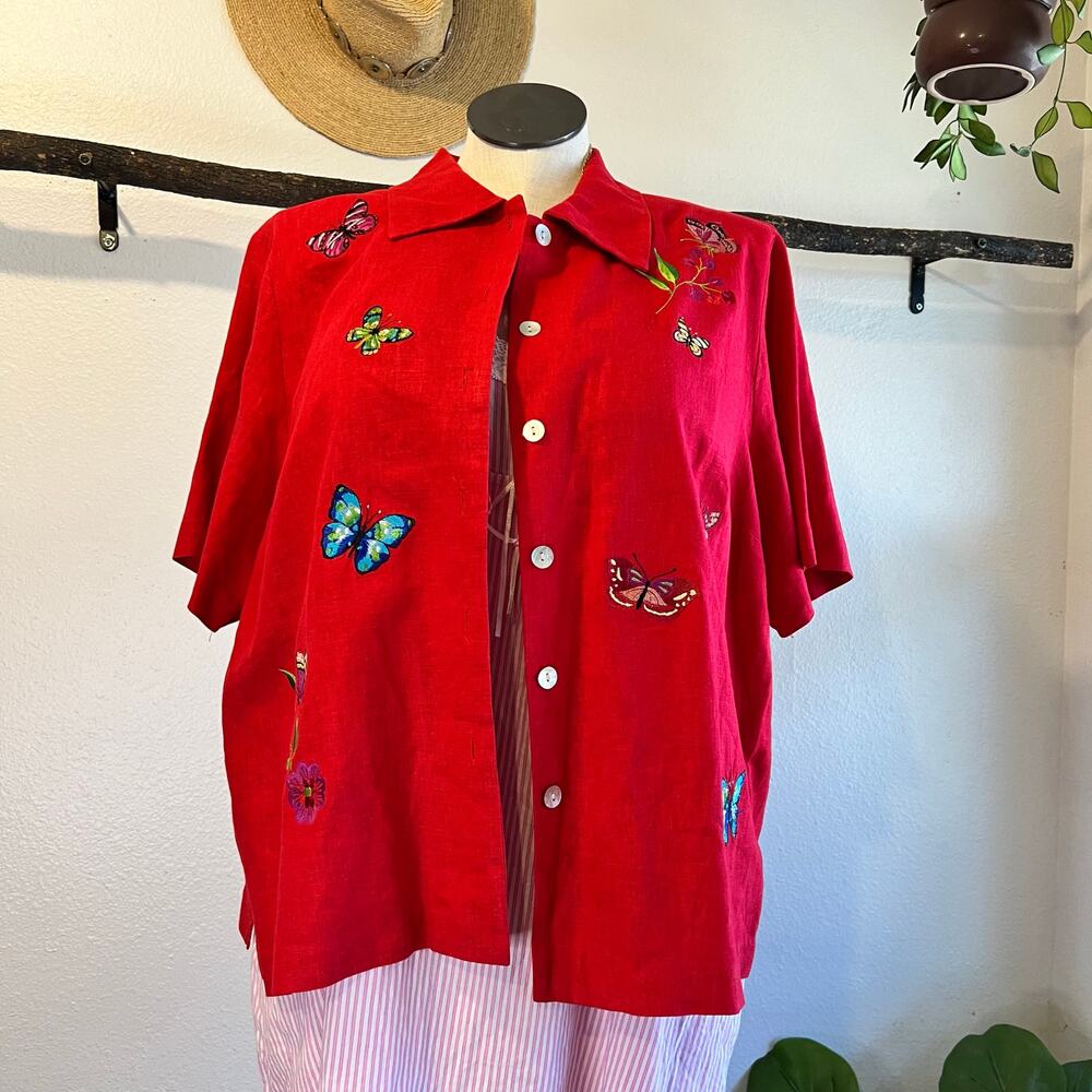 Vintage Red Linen Butterfly Embroidered Short Sleeve Button Front Top Size 18W